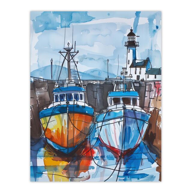 "Artery8 Scottish Harbour Fishing Boats & Lighthouse Wall Art Print in Blue - Size: W18"" x H24""" - image 1