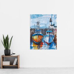 "Artery8 Scottish Harbour Fishing Boats & Lighthouse Wall Art Print in Blue - Size: W18"" x H24""" - thumbnail 4