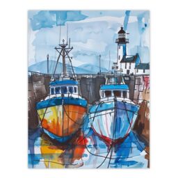 "Artery8 Scottish Harbour Fishing Boats & Lighthouse Wall Art Print in Blue - Size: W18"" x H24""" - thumbnail 1