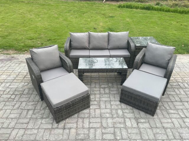 Fimous Rattan Garden Furniture Set with Rectangular Coffee Table Side Table 2 Big Footstool 7 Seater Patio Outdoor Lounge Sofa Set in Dark Grey - image 1