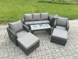 Fimous Rattan Garden Furniture Set with Rectangular Coffee Table Side Table 2 Big Footstool 7 Seater Patio Outdoor Lounge Sofa Set in Dark Grey - thumbnail 2