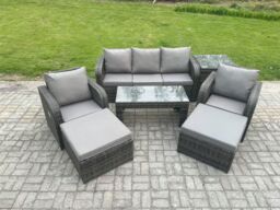 Fimous Rattan Garden Furniture Set with Rectangular Coffee Table Side Table 2 Big Footstool 7 Seater Patio Outdoor Lounge Sofa Set in Dark Grey - thumbnail 1