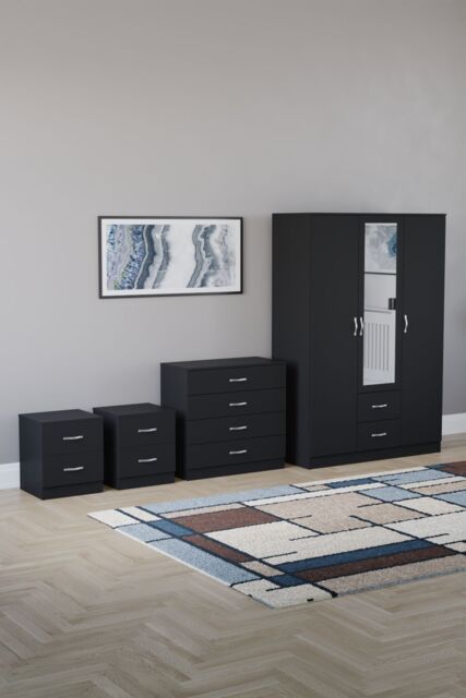 Home Discount Vida Designs 4Pc Bedroom Set 2x2Bedside, 4 Drawer, 3Dr Mirror Wardrobe in Black - image 1