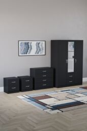 Home Discount Vida Designs 4Pc Bedroom Set 2x2Bedside, 4 Drawer, 3Dr Mirror Wardrobe in Black - thumbnail 1