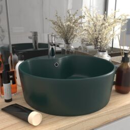 Berkfield Home Luxury Wash Basin with Overflow Matt Dark Green 36x13 cm Ceramic - thumbnail 1
