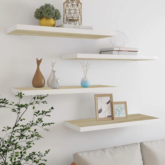Berkfield Home Floating Wall Shelves 4 pcs Oak & White 80x23.5x3.8 cm MDF in Brown - image 1