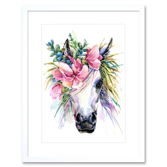 "Artery8 Wall Art Print Unicorn with Flower Wreath Art Framed 9x7 inch in White - Size: W7"" x H9""" - image 1