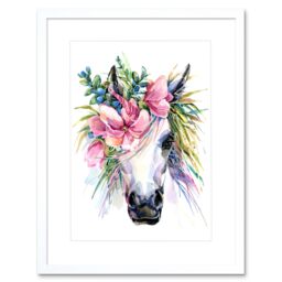 "Artery8 Wall Art Print Unicorn with Flower Wreath Art Framed 9x7 inch in White - Size: W7"" x H9""" - thumbnail 1