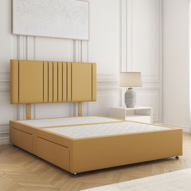 "BSSPOKE Monaco Plush Velvet Divan Bed 24"" Headboard & No Mattress No Drawers in Mustard - Size: Small Double" - image 1