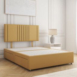 "BSSPOKE Monaco Plush Velvet Divan Bed 24"" Headboard & No Mattress No Drawers in Mustard - Size: Small Double"