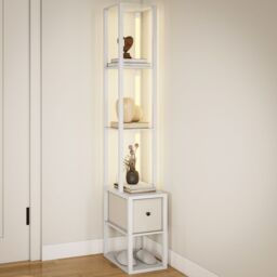 HOMCOM Floor Lamp with Shelves, LED Standing Lamp with Fabric Drawer in White - thumbnail 2