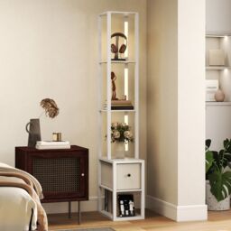 HOMCOM Floor Lamp with Shelves, LED Standing Lamp with Fabric Drawer in White - thumbnail 1