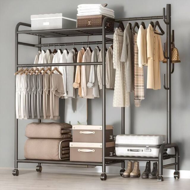 Rafaelo Mobilia Heavy Duty Metal Clothes Rail Open Wardrobe With Storage Shelves in Black - image 1