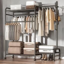 Rafaelo Mobilia Heavy Duty Metal Clothes Rail Open Wardrobe With Storage Shelves in Black - thumbnail 3