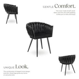tectake Dining Chair Astano - Padded, Velvet, Knot Design, Continuous Backrest in Black - Size: 6 Pack - thumbnail 3