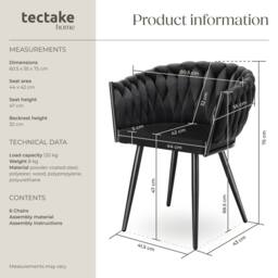 tectake Dining Chair Astano - Padded, Velvet, Knot Design, Continuous Backrest in Black - Size: 6 Pack - thumbnail 6