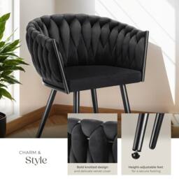 tectake Dining Chair Astano - Padded, Velvet, Knot Design, Continuous Backrest in Black - Size: 6 Pack - thumbnail 4