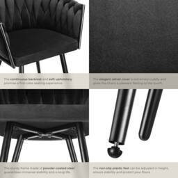 tectake Dining Chair Astano - Padded, Velvet, Knot Design, Continuous Backrest in Black - Size: 6 Pack - thumbnail 5