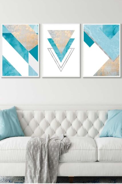 ARTZE Set of 3 White Framed Aqua Blue Abstract Mid Century Geometric Wall Art - Size: W33 cm x H45 cm x D20mm - image 1