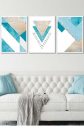 ARTZE Set of 3 White Framed Aqua Blue Abstract Mid Century Geometric Wall Art - Size: W33 cm x H45 cm x D20mm - thumbnail 1