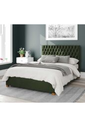 Aspire Nightingale Upholstered Ottoman Storage Bed, Plush Velvet Fabric in Dark Olive - Size: King