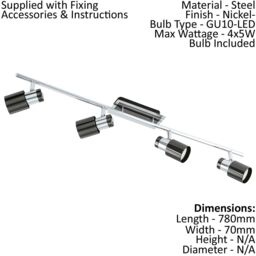 Loops Flush Ceiling 4 Spot Lights Track Back Plate & Shade Nickel Black Bulb GU10 4x5W in Metallics - thumbnail 2
