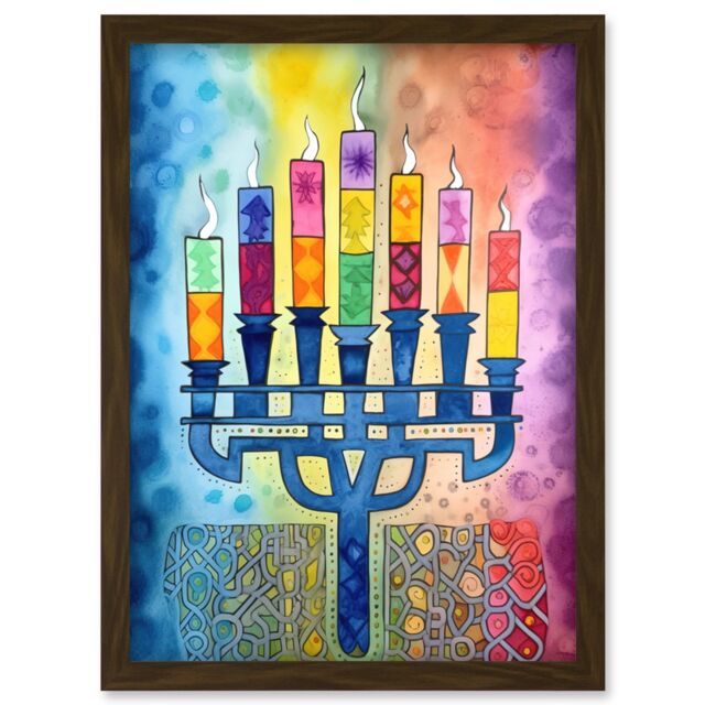 Artery8 Jewish Menorah Candles Multicolour Folk Art Watercolour Painting Artwork Framed Wall Art Print A4 in Brown - image 1