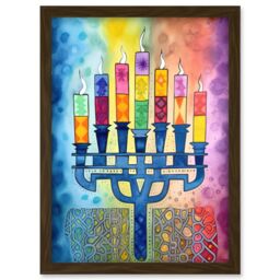 Artery8 Jewish Menorah Candles Multicolour Folk Art Watercolour Painting Artwork Framed Wall Art Print A4 in Brown - thumbnail 1