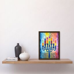 Artery8 Jewish Menorah Candles Multicolour Folk Art Watercolour Painting Artwork Framed Wall Art Print A4 in Brown - thumbnail 2