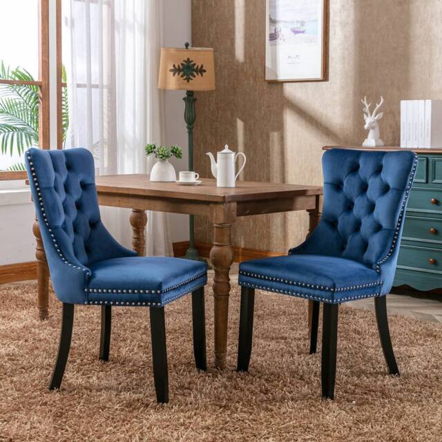 Modern Home Touch Romsey Set of 2 Velvet Upholstered Dining Chairs with Oak Legs & Knocker Ring Back in Blue - Size: 2 Pack - image 1