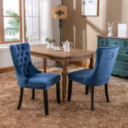 Modern Home Touch Romsey Set of 2 Velvet Upholstered Dining Chairs with Oak Legs & Knocker Ring Back in Blue - Size: 2 Pack - thumbnail 4