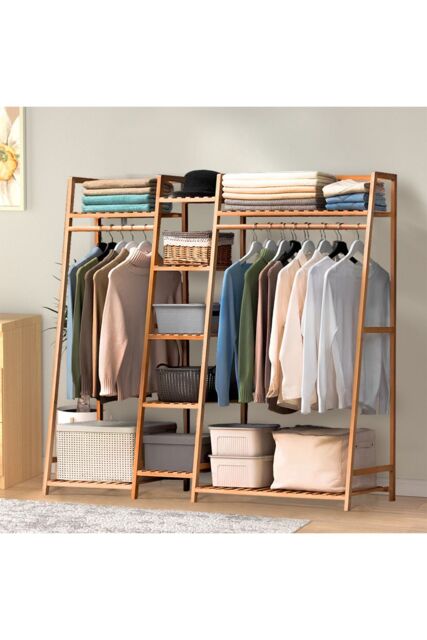 H&O Direct Trapezoid Bamboo Garment Rack with Tiered Storage Shelves in Brown - image 1