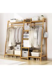 H&O Direct Trapezoid Bamboo Garment Rack with Tiered Storage Shelves in Brown - thumbnail 2