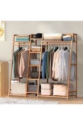 H&O Direct Trapezoid Bamboo Garment Rack with Tiered Storage Shelves in Brown