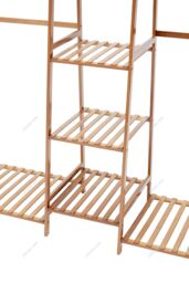 H&O Direct Trapezoid Bamboo Garment Rack with Tiered Storage Shelves in Brown - thumbnail 4