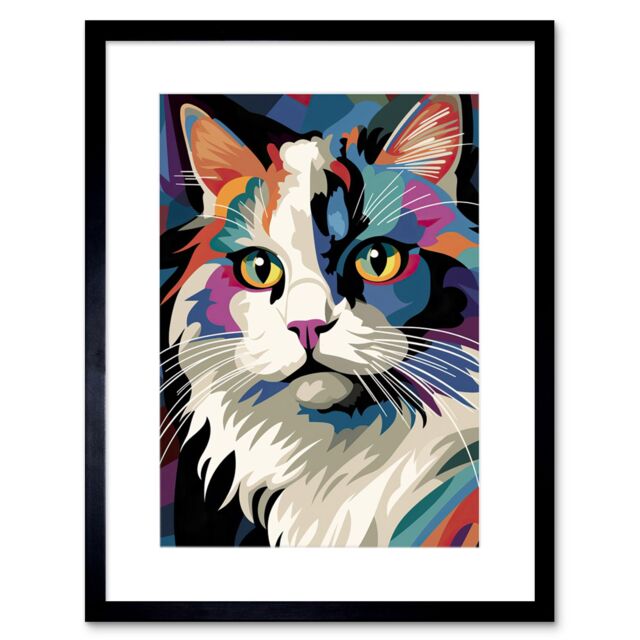 "Artery8 Wall Art Print Fluffy Ragdoll Cat Portrait Colourful Purple Blue Black Modern Flt Style painting Artwork Framed 9X7 Inch - Size: W7"" x H9""" - image 1
