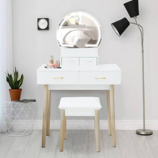 Alivio Women's Round Mirror Dressing Table Set Vintage Vanity Desk with LED Lights & Cushioned Stool in White - image 1