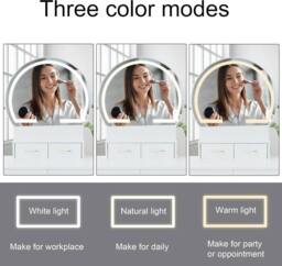 Alivio Women's Round Mirror Dressing Table Set Vintage Vanity Desk with LED Lights & Cushioned Stool in White - thumbnail 3
