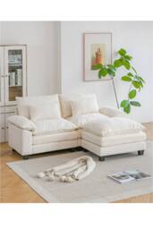 Living and Home Chenille Sectional Sofa with Ottoman and Lumbar Pillows in White - thumbnail 1