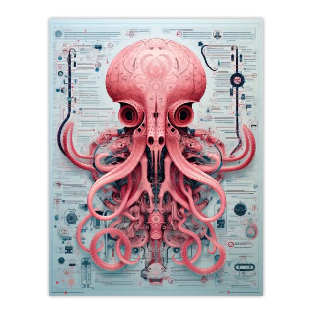 Artery8 Wall Art Print Weapons Grade Octopus Robot Hybrid Secret Military Schematic Blue Futuristic Complex Arcane Manuscript Gift For Him Man Cave - image 1