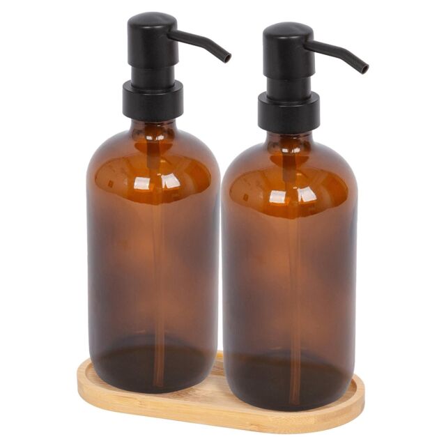 Harbour Housewares 2pc Glass Soap Dispenser Set with Bamboo Tray - 500ml in Orange - image 1