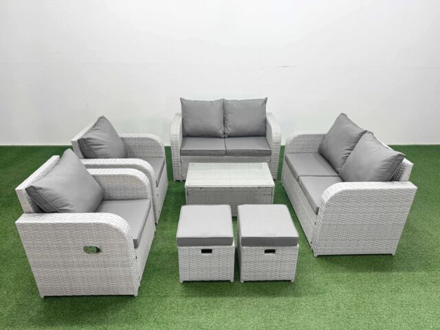 Fimous 8 Seater Outdoor Reclining Chair Love Sofa Set Rattan Garden Furniture Set with Rectangular Coffee Table 2 Stools Light Grey - image 1