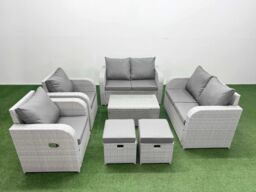 Fimous 8 Seater Outdoor Reclining Chair Love Sofa Set Rattan Garden Furniture Set with Rectangular Coffee Table 2 Stools Light Grey - thumbnail 2