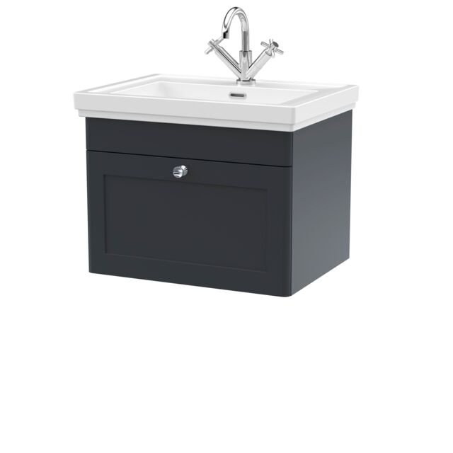 Balterley Bathroom Wall Hung 1-Drawer Vanity Unit & Fireclay Basin, Grey, 600mm in Grey - image 1