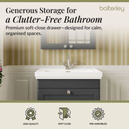 Balterley Bathroom Wall Hung 1-Drawer Vanity Unit & Fireclay Basin, Grey, 600mm in Grey - thumbnail 3