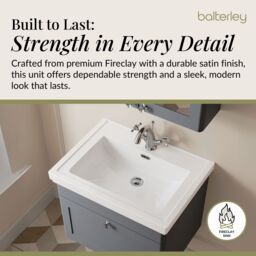 Balterley Bathroom Wall Hung 1-Drawer Vanity Unit & Fireclay Basin, Grey, 600mm in Grey - thumbnail 4
