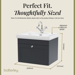 Balterley Bathroom Wall Hung 1-Drawer Vanity Unit & Fireclay Basin, Grey, 600mm in Grey - thumbnail 5