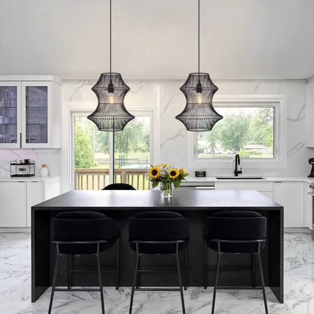 Living and Home Industrial Black Iron Rattan Pendant Light for Kitchen & Dining - image 1