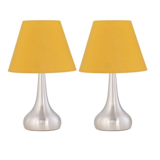 First Choice Lighting Set of 2 Romana - Brushed Chrome Touch Table Lamps with Ochre Shades in Silver - image 1