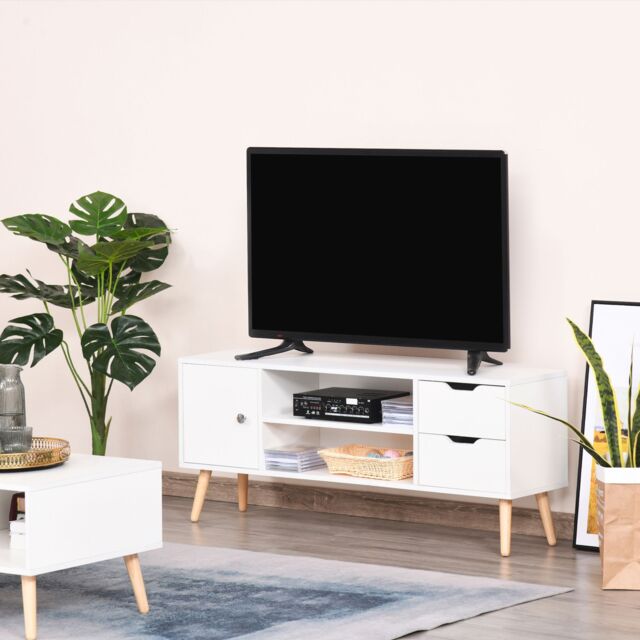 HOMCOM Modern TV Stand Media Console Table Cabinet Storage Shelf Drawers in White - image 1